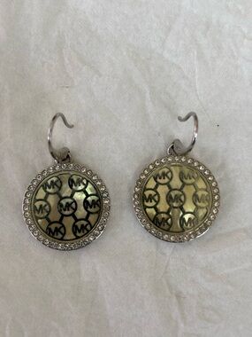 Michael Kors Silver-Tone MK Logo Drop Earrings with Mother-of-Pearl Pave Crystal